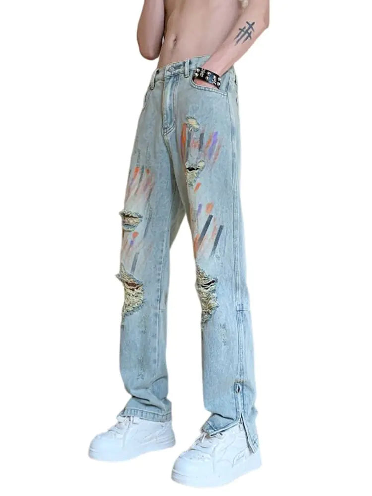 Paint Splatter Distressed Jeans with Zippered Cuffs