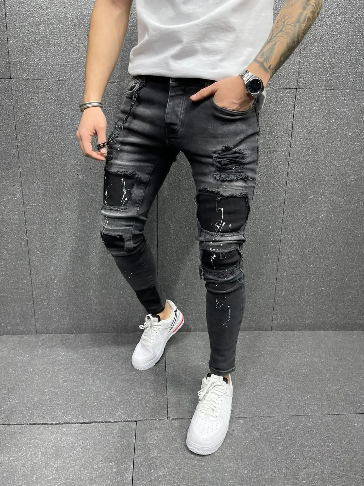 Vintage Wash Distressed Paint Splatter Slim Jeans