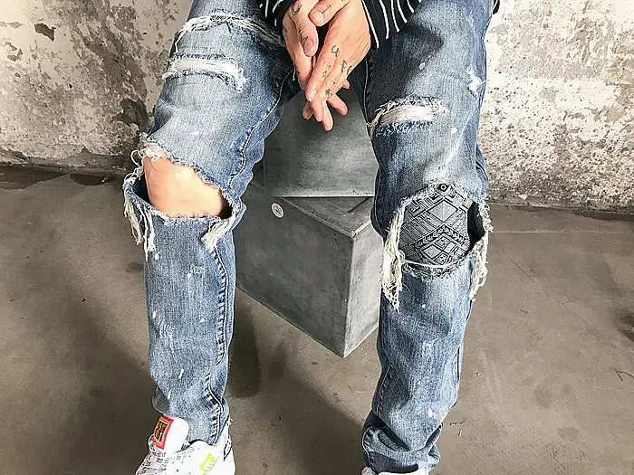 Knee Patch Distressed Denim Jeans with Paint Splatter