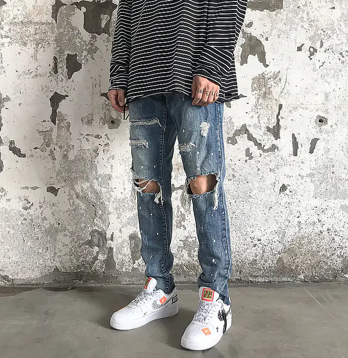 Knee Patch Distressed Denim Jeans with Paint Splatter