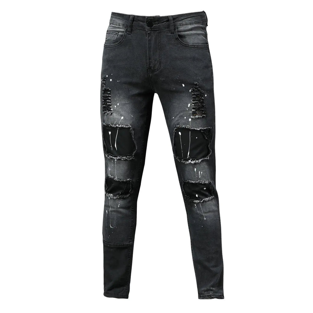 Vintage Wash Distressed Paint Splatter Slim Jeans