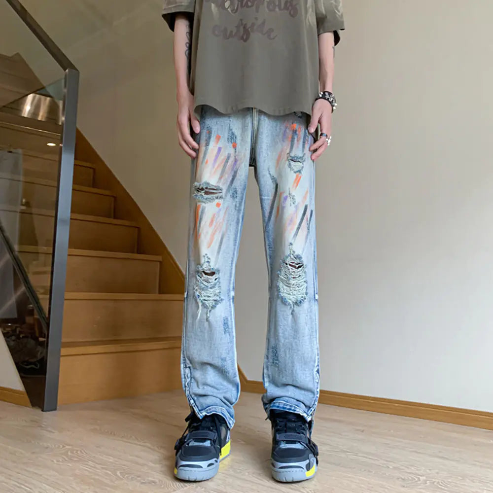 Paint Splatter Distressed Jeans with Zippered Cuffs